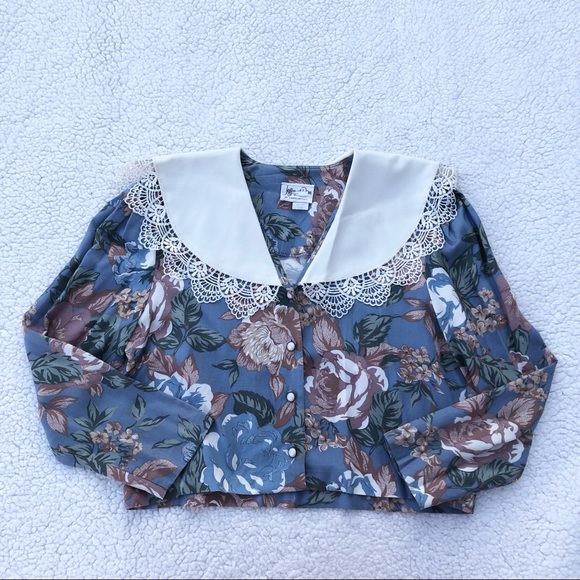 Tops - Vintage Floral Sailor Collar Cropped Button Up Long Sleeve Shirt Jeffrey & Dara